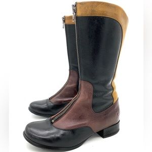 John Fluevog Kathryn Black Burgundy Yellow Leather Boots